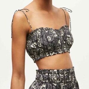 RHODE Crop Top Womens 6 Gray Cream Printed Pari Tie Shoulder Cotton Gathered